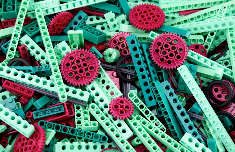 A mixture of green and red technology bricks.