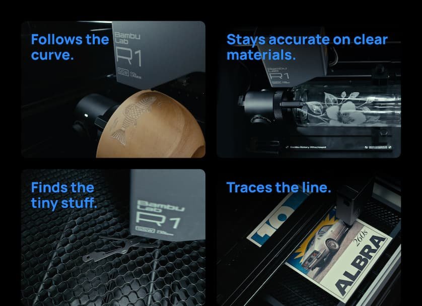 Bambu Lab R1 precision engraving on curved and clear materials