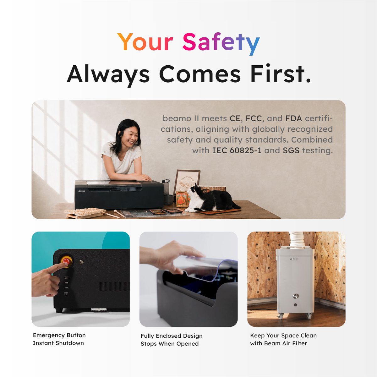 beamo II safety features: emergency stop, enclosed lid and Beam Air filter