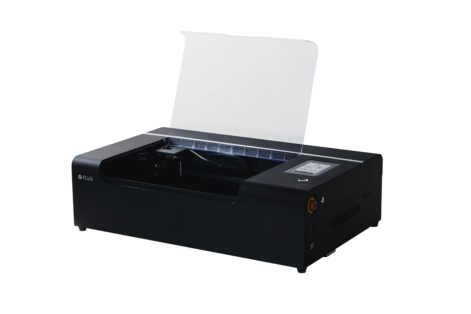 FLUX beamo II with the lid open showing the laser head