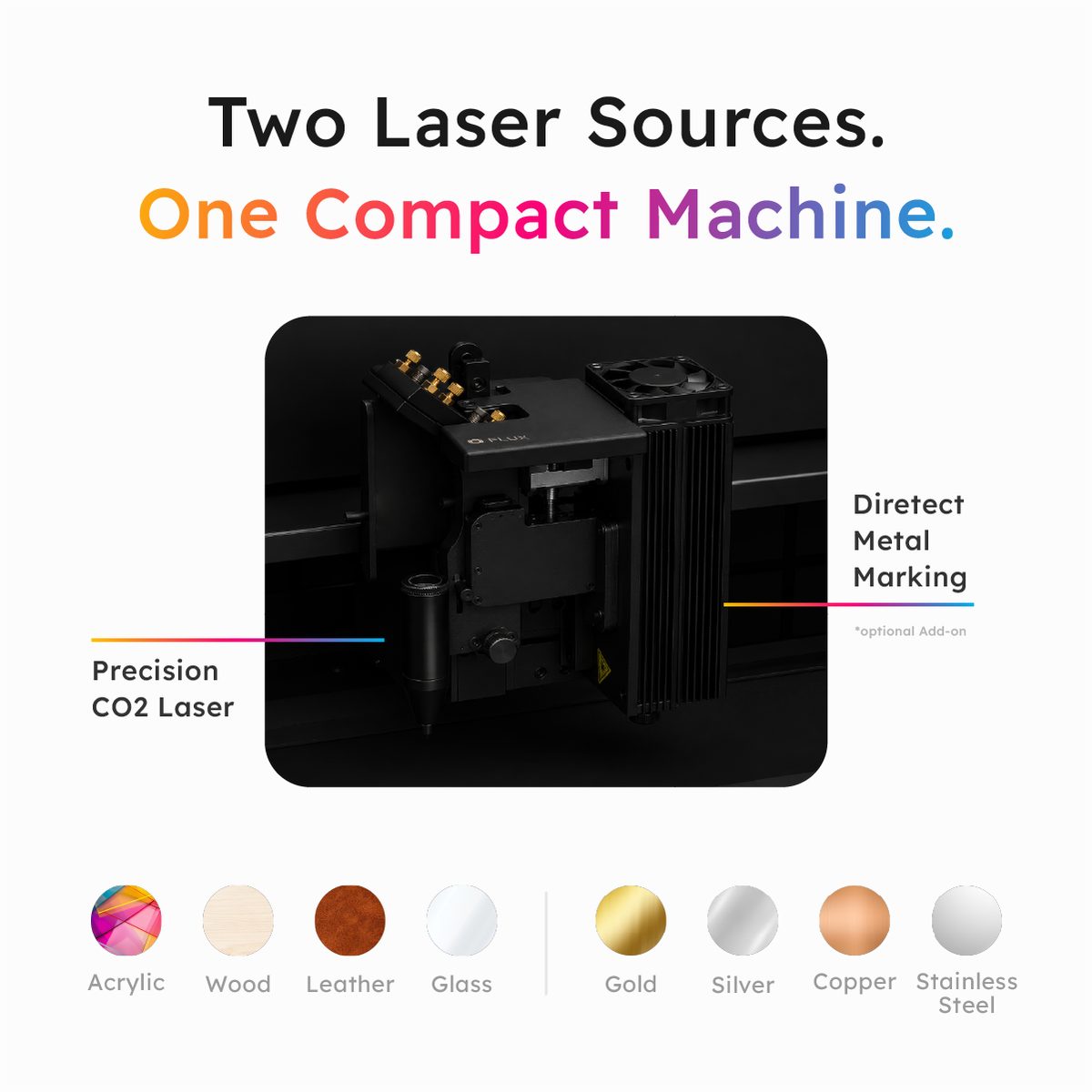 beamo II CO2 laser and optional 2W infrared metal marking module