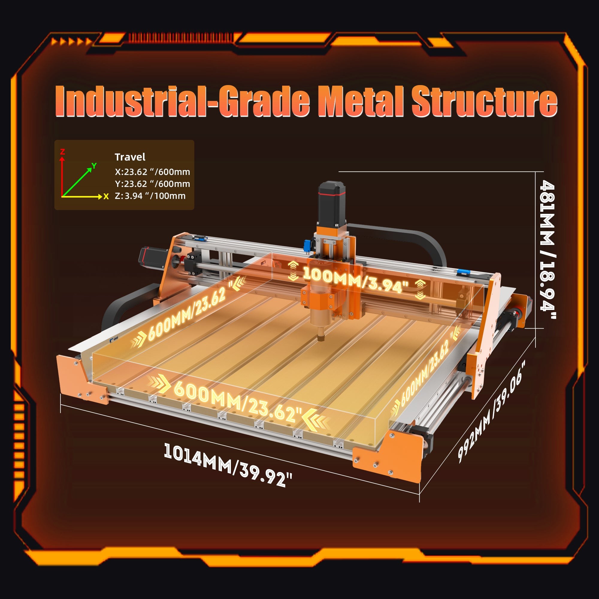 FoxAlien Vasto XL V2 industrial all-metal structure dimensions 1014x992x481mm CNC machine