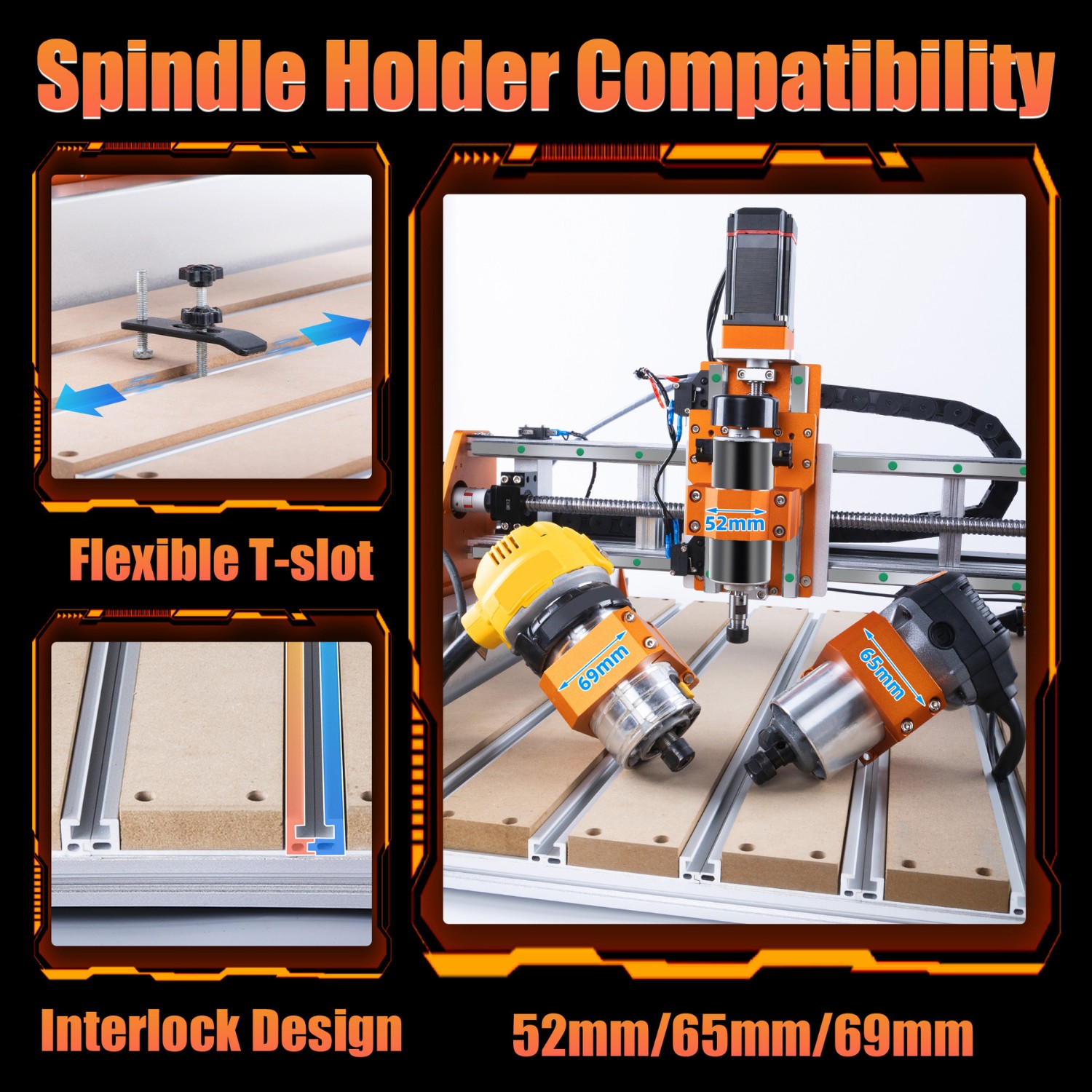 FoxAlien Vasto XL V2 T-slot hybrid work table 52mm 65mm 69mm spindle holder compatibility