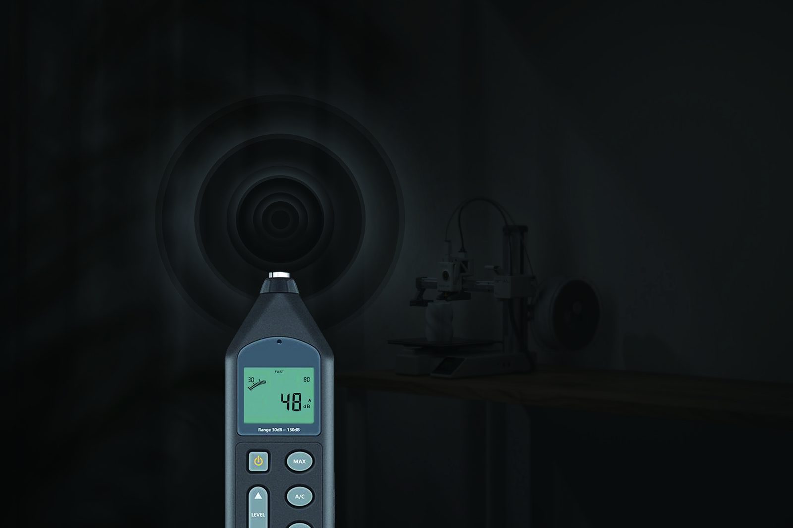 Bambu Lab A1 Mini silent mode measured under 48 dB with active motor noise cancelling