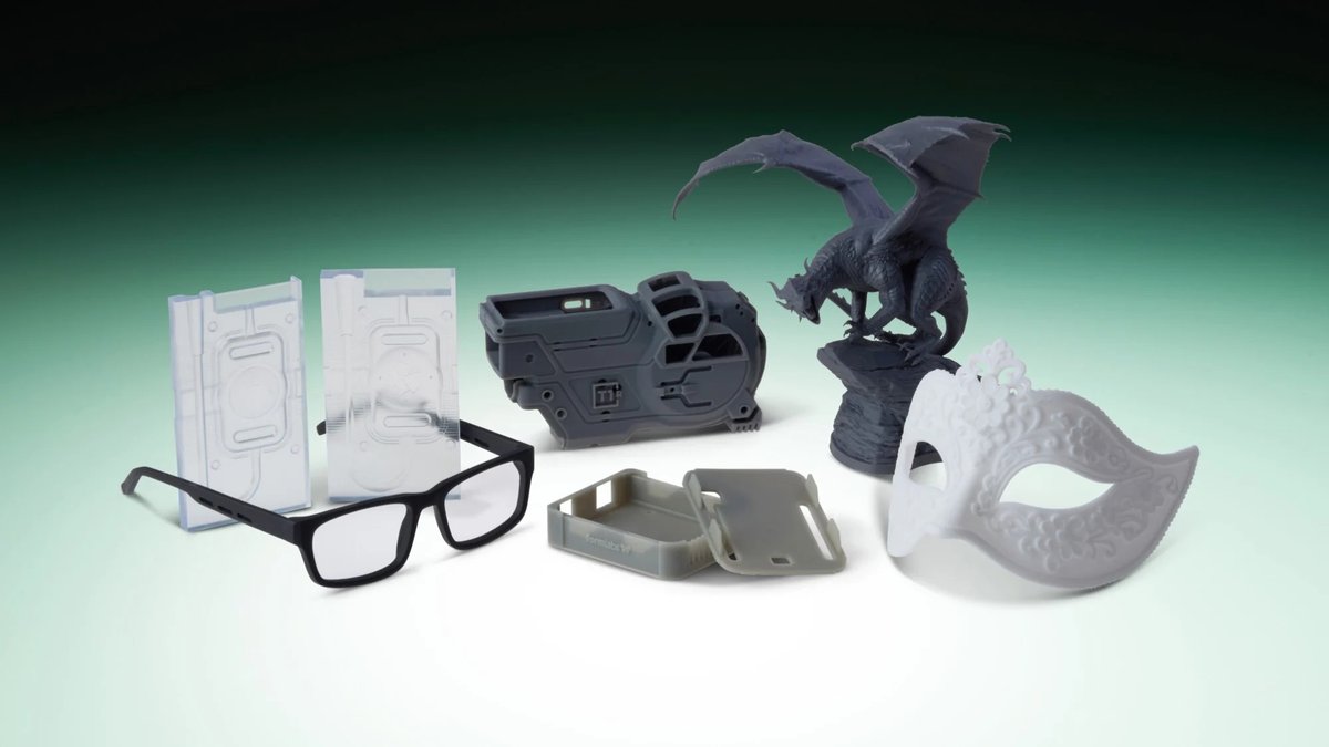 Parts printed in Formlabs Alpha Resins including glasses frame, mask and figurine