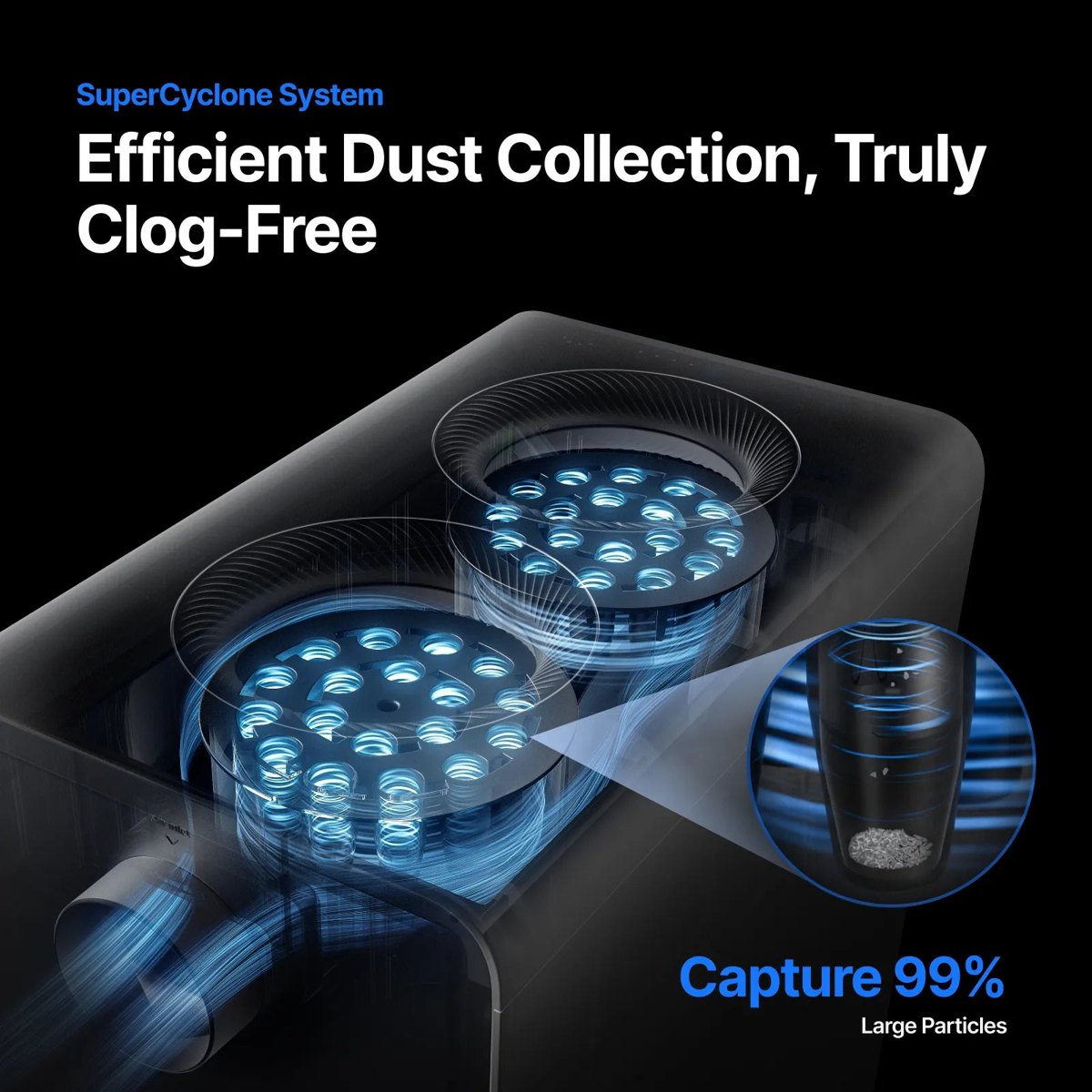 xTool AP2 SuperCyclone separation captures large particles before the filters