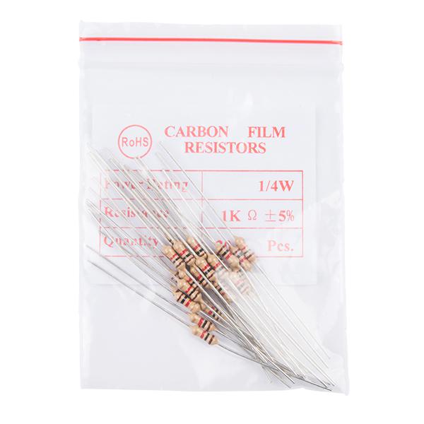 Resistor 1K Ohm 1/4 Watt PTH - 20 pack (Thick Leads) - PRT-14492