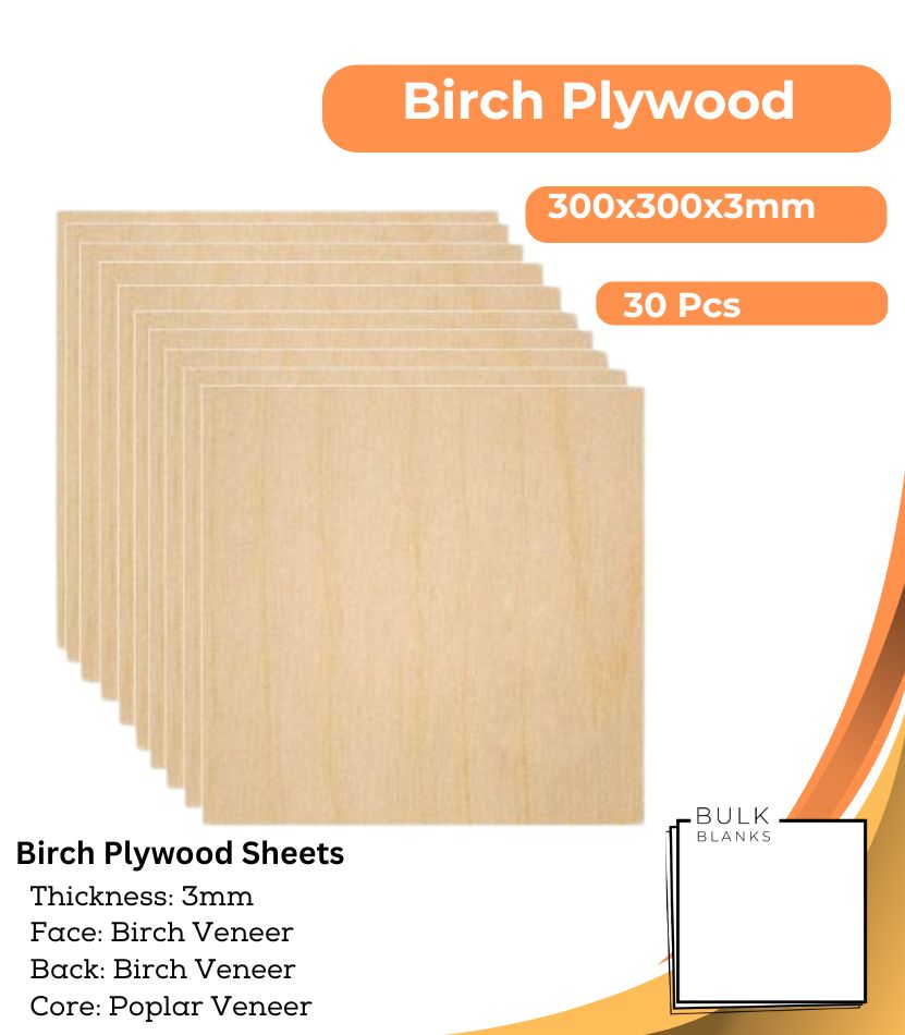 Bulk Blanks Birch Ply 3mm 300x300mm (30pc) laser plywood sheets New Zealand