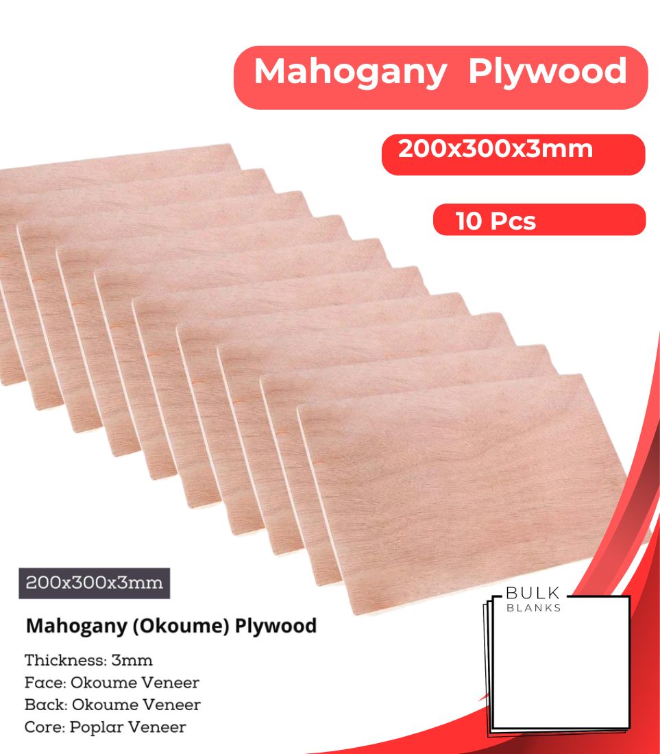 Bulk Blanks Mahogany (Okoume) Ply 3mm 200x300mm (10pc) laser plywood sheets New Zealand